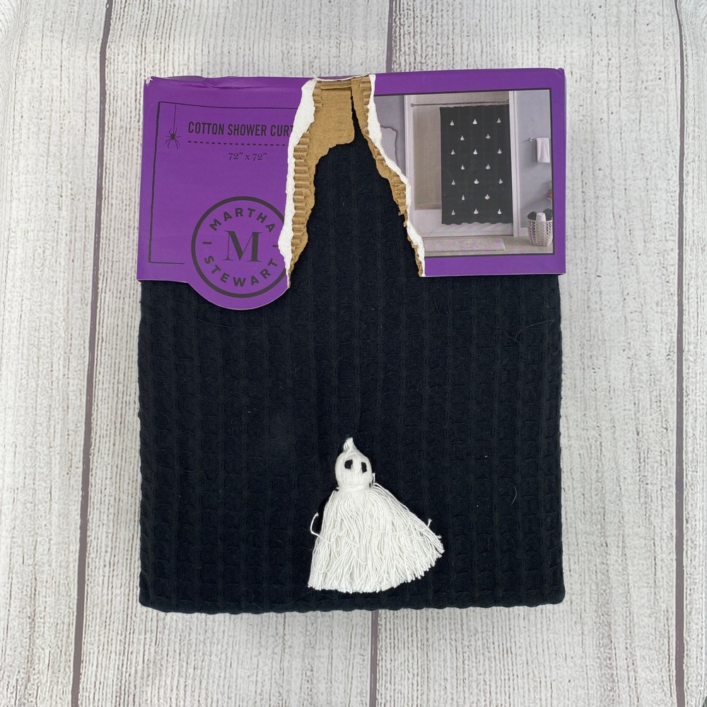 Martha Stewart Shower Curtain Black Waffle Weave Tassel Ghost Halloween Spooky